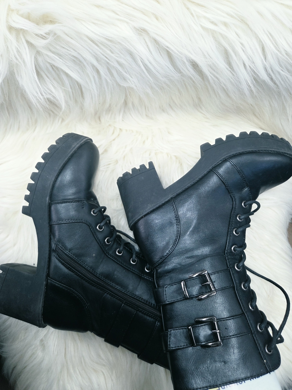 Women’s Black Lace-Up Combat Boots with Buckle Accent